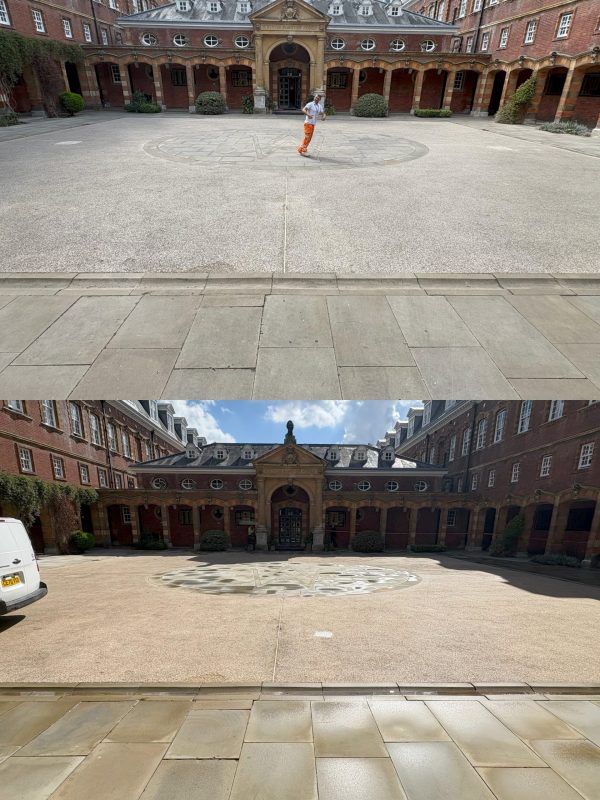 before and after of a college court yard clean